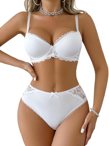 GORGLITTER BHS Damen mit Bügel Push Up Brüste Klassische Spitzen BH Set Bequemer Unterwäsche Balconette Bra Dessous Set Brakette Und Slip Push Up Weiß XS von GORGLITTER