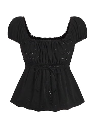 GORGLITTER Babydoll Top Damen Spitzen Oberteil Mit Eckigem Ausschnitt Crop Tops Musselin Blusenshirt Elegant Dirndl Bluse Mit Knoten Schwarz L von GORGLITTER