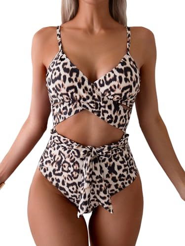 GORGLITTER Badeanzug Damen Bauchweg Mit Cups Schwimmanzug Einteiler Badeanzug Tanga Leoparden Swimsuit Leo Strandanzug Bademode Leo L von GORGLITTER