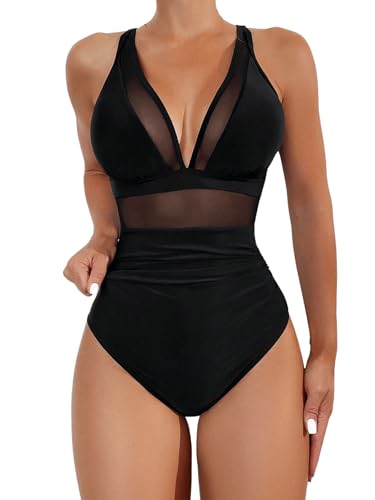 GORGLITTER Badeanzug Damen Sexy Mesh Badeanzug Mit V Ausschnitt Badeanzug Mit Netzeinsatz Bauchweg Einteiliger Bademode Schwarz XL von GORGLITTER