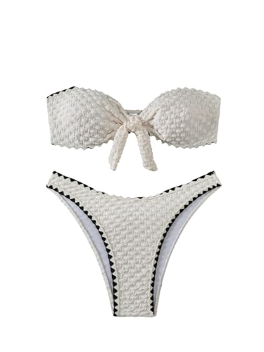 GORGLITTER Bandeau Bikini Damen Trägerlos Bikini Mit Knoten High Waist Zweiteiler Badeanzug Farbblock Bikinis Tanga Bademode Swimsuit Beige S von GORGLITTER