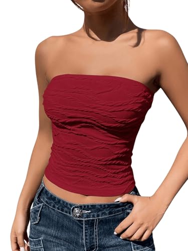 GORGLITTER Bandeau Top Damen Sommer Crop Top Schulterfrei Strick Oberteil Tube Top Y2k Trägerloses Top Bordeaux XS von GORGLITTER