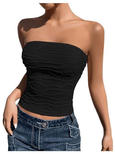 GORGLITTER Bandeau Top Damen Sommer Crop Top Schulterfrei Strick Oberteil Tube Top Y2k Trägerloses Top Schwarz XS von GORGLITTER