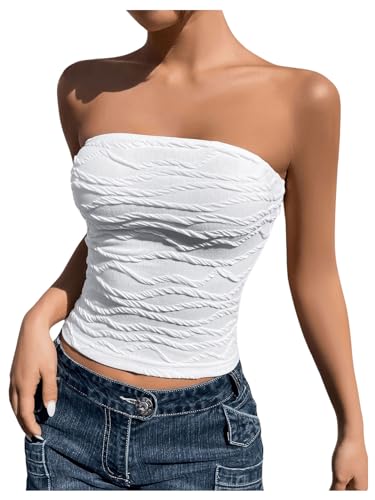 GORGLITTER Bandeau Top Damen Sommer Crop Top Schulterfrei Strick Oberteil Tube Top Y2k Trägerloses Top Weiß L von GORGLITTER