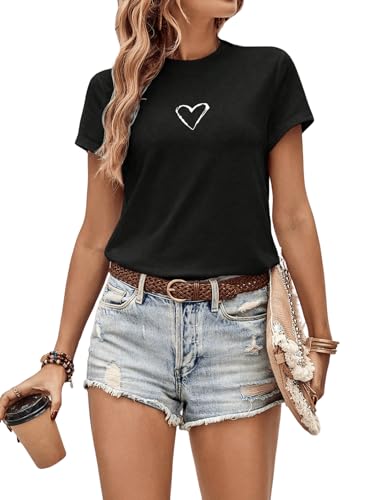 GORGLITTER Basic T-Shirt Damen Kurzarm Oberteil mit Herzen Muster Sommershirt Reguläre Tshirt Schwarz XS von GORGLITTER