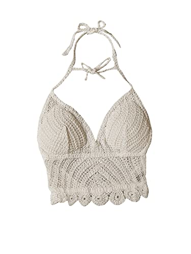 GORGLITTER Bikini Cover Up Top Damen Cover Up Strand Oberteil Gestricktes Gehäkeltes Crop Top Strandponcho Sommer Neckholder Tankini Oberteil Beige M von GORGLITTER