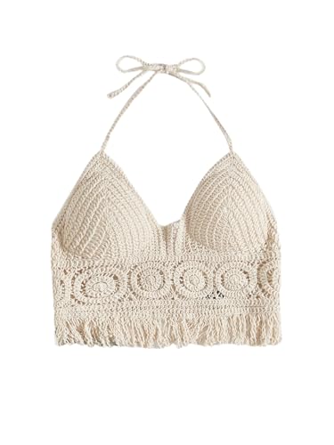 GORGLITTER Bikini Cover Up Top Damen Cover Up Strand Oberteil Gestricktes Gehäkeltes Crop Top Strandponcho Sommer Neckholder Tankini Oberteil Spitzen-Aprikosenfarben One Size von GORGLITTER