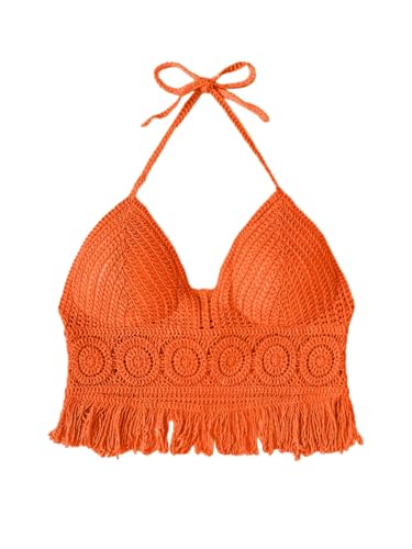 GORGLITTER Bikini Cover Up Top Damen Cover Up Strand Oberteil Gestricktes Gehäkeltes Crop Top Strandponcho Sommer Neckholder Tankini Oberteil Spitzen-Orange One Size von GORGLITTER