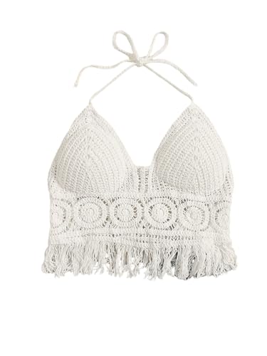 GORGLITTER Bikini Cover Up Top Damen Cover Up Strand Oberteil Gestricktes Gehäkeltes Crop Top Strandponcho Sommer Neckholder Tankini Oberteil Spitzen-Weiß One Size von GORGLITTER
