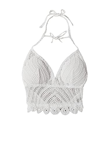 GORGLITTER Bikini Cover Up Top Damen Cover Up Strand Oberteil Gestricktes Gehäkeltes Crop Top Strandponcho Sommer Neckholder Tankini Oberteil Weiß M von GORGLITTER