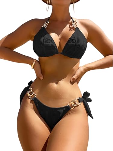 GORGLITTER Bikini Damen Mit Ketten Neckholder Bikini Set Triangel Bikini Push Up Zweiteiliger Badeanzug Bademode Strandmode Schwarz L von GORGLITTER