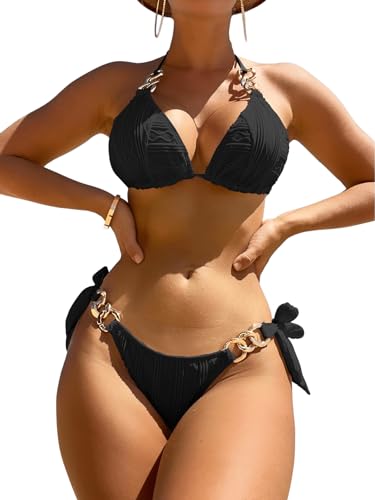 GORGLITTER Bikini Damen Mit Ketten Neckholder Bikini Set Triangel Bikini Push Up Zweiteiliger Badeanzug Bademode Strandmode Schwarz M von GORGLITTER