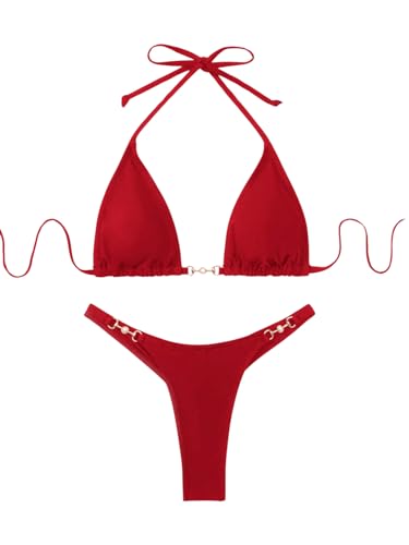 GORGLITTER Bikini Damen Neckholder Set Triangel Bikini Sexy Zweiteiliger Badeanzug Bikini Mit Perlen Ring Bademode Swimsuit Strandmode Rot XS von GORGLITTER