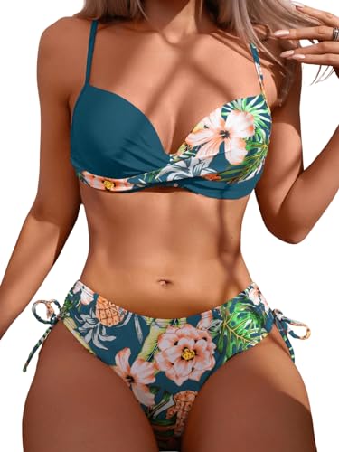 GORGLITTER Bikini Damen Push Up Bikini Mit Bügel Set Badeanzug Mit Tropenmuster Wickel Bikini Set Zweiteiler Badeanzug Bademode Dunkelgrün M von GORGLITTER