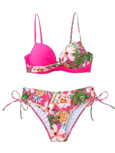 GORGLITTER Bikini Damen Push Up Bikini Mit Bügel Set Badeanzug Mit Tropenmuster Wickel Bikini Set Zweiteiler Badeanzug Bademode Heißes Pink L von GORGLITTER