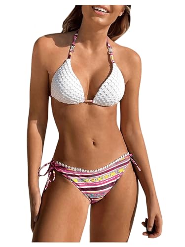 GORGLITTER Bikini Damen Push Up Neckholder Bikini Set Bikini Mit Bügel Set Gestreifter Bikini Zweiteiler Badeanzug Bademode Weiß und Lila S von GORGLITTER