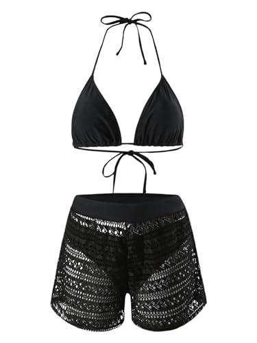 GORGLITTER Bikini Damen Set 3 Teilig Mit Shorts Neckholder Bikini Set 3 Teiliger Bikini Set Mit Spitze Bademode Swimsuit Schwarz XL von GORGLITTER