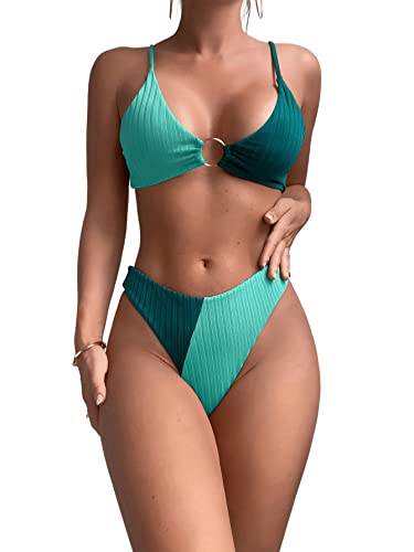 GORGLITTER Bikini Damen Set Bikini Mit Farbblock Zweiteiliger Badeanzug Mit Hoher Taille Bikini Mit Ring Grün M von GORGLITTER