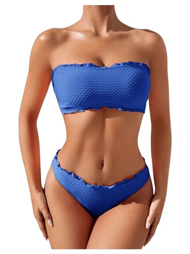 GORGLITTER Bikini Damen Set Bikini Trägerlos Bandeau Bikini mit Wellensaum Bikini Set Zweiteiler Badeanzug Bademode Swimsuit Blau S von GORGLITTER