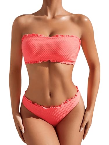 GORGLITTER Bikini Damen Set Bikini Trägerlos Bandeau Bikini mit Wellensaum Bikini Set Zweiteiler Badeanzug Bademode Swimsuit Koralle Orange S von GORGLITTER