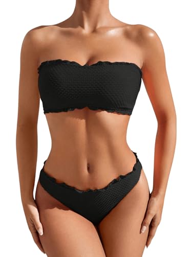 GORGLITTER Bikini Damen Set Bikini Trägerlos Bandeau Bikini mit Wellensaum Bikini Set Zweiteiler Badeanzug Bademode Swimsuit Schwarz S von GORGLITTER