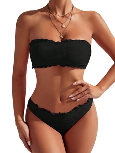 GORGLITTER Bikini Damen Set Bikini Trägerlos Bandeau Bikini mit Wellensaum Bikini Set Zweiteiler Badeanzug Bademode Swimsuit Schwarz S von GORGLITTER