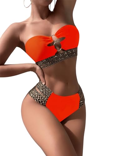 GORGLITTER Bikini Damen Set High Waist Bandeau Bikini Mit Ring Cut Out Bikini Zweiteiliger Badeanzug Orange XL von GORGLITTER