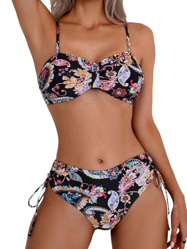 GORGLITTER Bikini Damen Set High Waist Tanga Bikini Mit Blumen Muster Hawaii Zweiteiliger Badeanzug Boho Bikinis Bademode Swimsuit Strandmode Schwarz XL von GORGLITTER