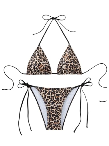 GORGLITTER Damen Leopardenmuster Triangel Neckholder Tanga Bikini Set Zweiteiler High Waist Bademode 2 Teiler Leo M von GORGLITTER