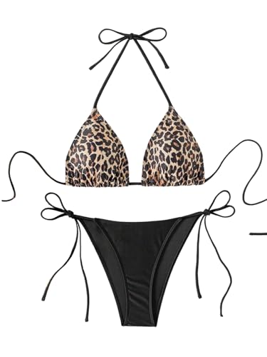 GORGLITTER Bikini Damen Set Leoprint Triangel Bikinis High Waist Bikini Leo Neckholder Leoparden Bikinis Set Zweiteiler Badeanzug Bademode 2 Teiler Schwarz-Leo M von GORGLITTER