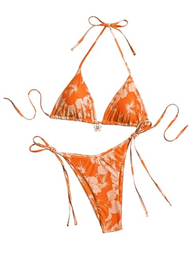 GORGLITTER Bikini Damen Set Mit Blumen Triangel Bikini High Waist Neckholder Bikini Set Geblümter Bikini Mit Tanga Zweiteiler Badeanzug Bademode 2 Teiler Orange L von GORGLITTER
