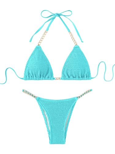 GORGLITTER Bikini Damen Set Mit Ketten Neckholder Bikini Set High Waist Sexy Triangel Bikini Zweiteiliger Badeanzug Lichtblau M von GORGLITTER