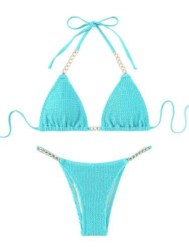 GORGLITTER Bikini Damen Set Mit Ketten Neckholder Bikini Set High Waist Sexy Triangel Bikini Zweiteiliger Badeanzug Lichtblau S von GORGLITTER