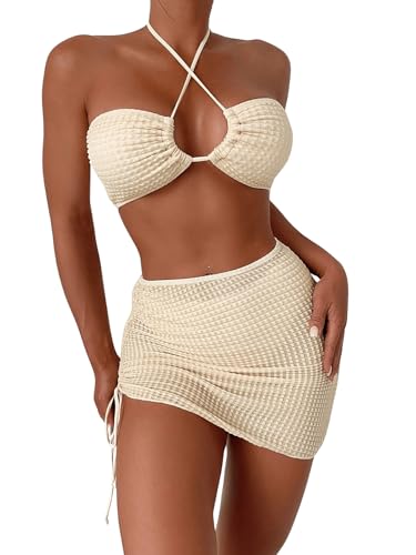 GORGLITTER Bikini Damen Set Neckholder High Waist Bikini Set Mit Rock Sexy Bikini 3 Teilig Bikini Mit Kreuzgurt Beige L von GORGLITTER