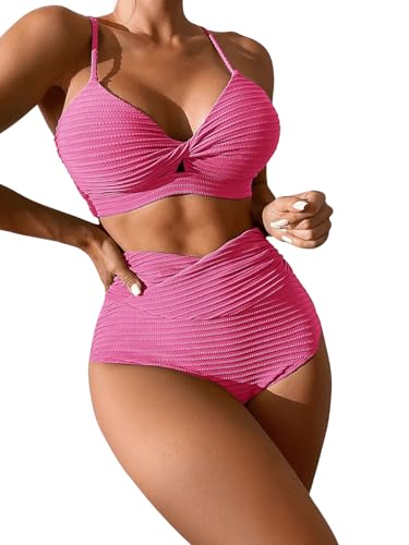 GORGLITTER Bikini Damen Set Push Up Bauchweg Wickel Bikini Set Spaghettiträger Bikini Mit Twist Zweiteiler Badeanzug Bademode Heißes Pink L von GORGLITTER