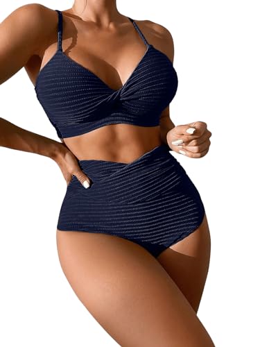 GORGLITTER Bikini Damen Set Push Up Bauchweg Wickel Bikini Set Spaghettiträger Bikini Mit Twist Zweiteiler Badeanzug Bademode Marineblau L von GORGLITTER