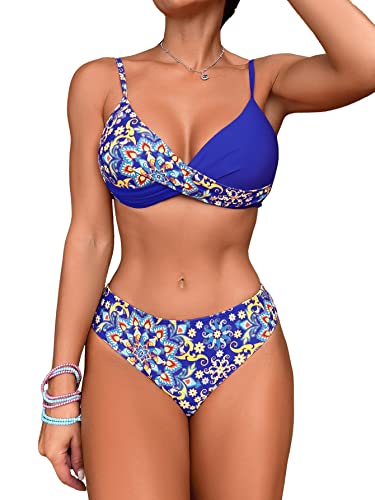 GORGLITTER Bikini Damen Set Push Up Bikini Mit Bügel Badeanzug Mit Blumen Wickel Bikini Set Zweiteiler Badeanzug Bademode Blau L von GORGLITTER