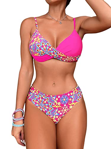 GORGLITTER Bikini Damen Set Push Up Bikini Mit Bügel Badeanzug Mit Blumen Wickel Bikini Set Zweiteiler Badeanzug Bademode Heißes Pink L von GORGLITTER