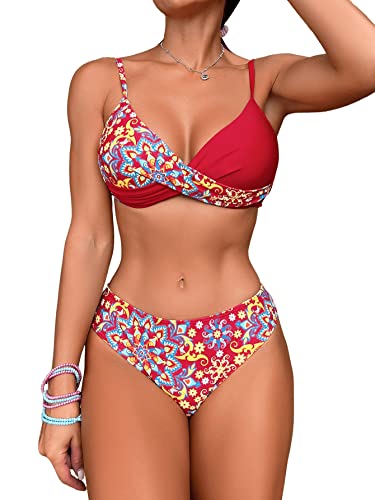 GORGLITTER Bikini Damen Set Push Up Bikini Mit Bügel Badeanzug Mit Blumen Wickel Bikini Set Zweiteiler Badeanzug Bademode Rot L von GORGLITTER