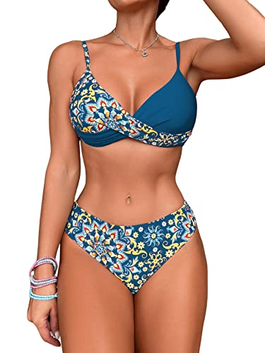 GORGLITTER Bikini Damen Set Push Up Bikini Mit Bügel Badeanzug Mit Blumen Wickel Bikini Set Zweiteiler Badeanzug Bademode Taubenblau M von GORGLITTER