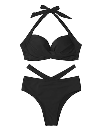 GORGLITTER Bikini Damen Set Push Up Bikini Mit Bügel Neckholder Bikini Mit Cut Out Zweiteiliger Badeanzug Schwarz XL von GORGLITTER