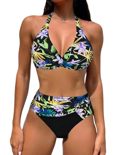 GORGLITTER Bikini Damen Set Push Up Mit Bügel Neckholder Bikini Mit Blumen Muster Hawaii Zweiteiliger Badeanzug Bademode Sommer Swimmsuit Strandmode Schwarz XL von GORGLITTER