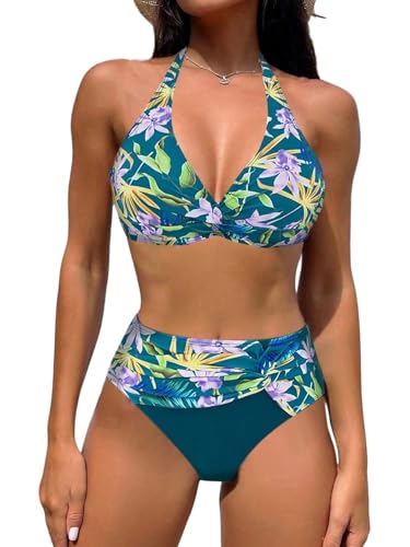 GORGLITTER Bikini Damen Set Push Up Mit Bügel Neckholder Bikini Mit Blumen Muster Hawaii Zweiteiliger Badeanzug Bademode Sommer Swimmsuit Strandmode Taubenblau M von GORGLITTER