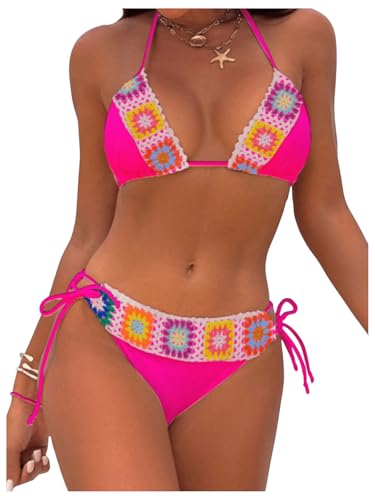 GORGLITTER Bikini Damen Set Sexy Bikini Mit Blumen Bunt High Waist Bikini Boho Bikini Set Neckholder Bikini Mit Stickerei Zweiteiler Badeanzug Bademode 2 Teiler Heißes Pink XL von GORGLITTER