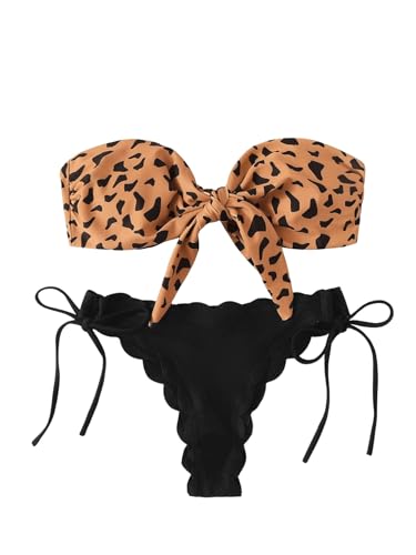 GORGLITTER Bikini Damen Set Trägerlos Badeanzug Zweiteiler Bandeau Bikini Set Bademode Swimsuit Strandmode Boho Swimmwear Braun XS von GORGLITTER