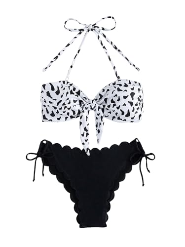GORGLITTER Bikini Damen Set Trägerlos Badeanzug Zweiteiler Bandeau Bikini Set Bademode Swimsuit Strandmode Boho Swimmwear Schwarz und Weiß L von GORGLITTER