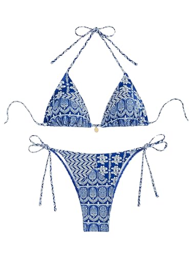 GORGLITTER Bikini Damen Set Triangel Bikini Mit Blumen Neckholder Bikini Set Boho Bikini Zweiteiler Badeanzug Bademode Blau L von GORGLITTER
