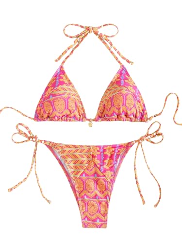 GORGLITTER Bikini Damen Set Triangel Bikini Mit Blumen Neckholder Bikini Set Boho Bikini Zweiteiler Badeanzug Bademode Rosa L von GORGLITTER