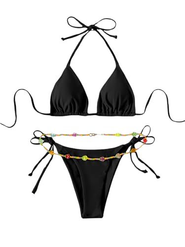 GORGLITTER Bikini Damen Set Triangel String Bademode Neckholder Swimsuit Badeanzug mit Gürtel Schwarz L von GORGLITTER