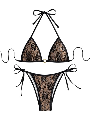 GORGLITTER Bikini Damen Set Triangel String Bikini mit Spitzen 2tlg Bademode Sommer Strandanzug Hohe Taille Badeanzug Swimmsuit Set Bikini Sets Beige M von GORGLITTER